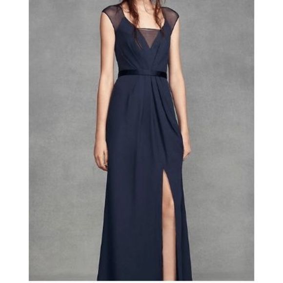 White by Vera Wang NWT Illusion Cap Sleeve Crepe Gown Dress Navy, Sz 0, MP $200 - Picture 1 of 14